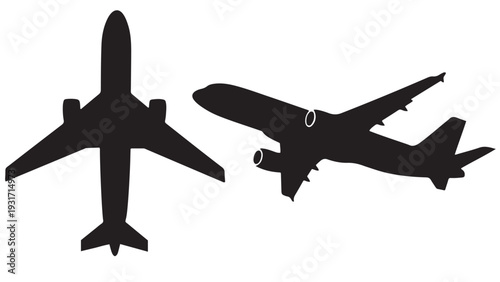 Commercial Jet Silhouettes — Top-Down View And In-Flight Side Profile Aircraft Vector Icon Set, Black Solid Silhouette Isolated On White