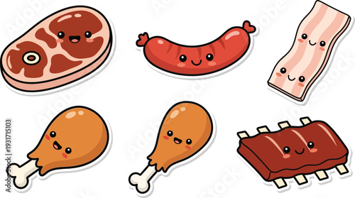 Cute kawaii meat sticker set with smiling steak sausage bacon chicken drumstick and bbq ribs cartoon illustration collection