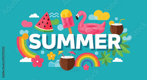 Hello Summer Vibrant Tropical Banner Design with Bright Typography and Colorful Seasonal Elements for Social Media Promotion
