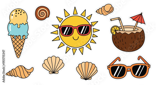 Summer cute cartoon icon set with smiling sun, ice cream and tropical elements in colorful playful style