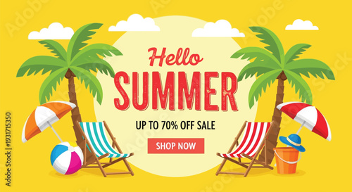 Hello Summer Cheerful Seasonal Greeting Design with Tropical Leaves, Beach Vibes and Colorful Graphic Elements