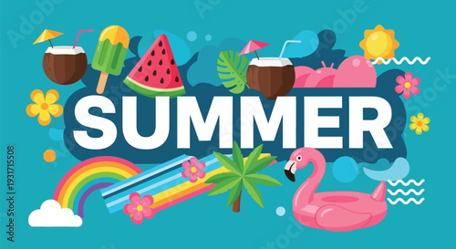 Hello Summer Vibrant Tropical Banner Design with Bright Typography and Colorful Seasonal Elements for Social Media Promotion