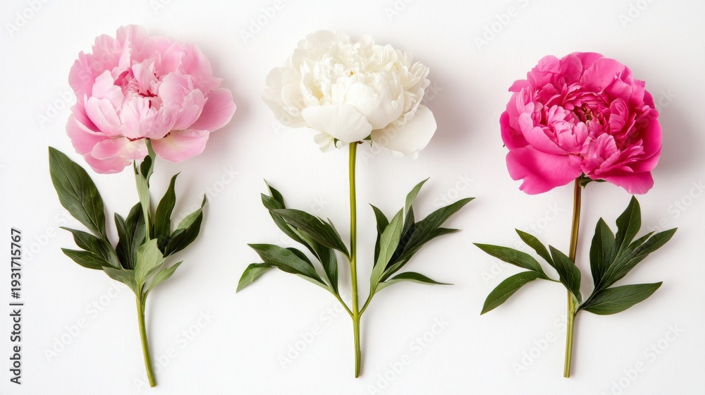 Fototapeta premium Set of pink and white peony, moutan peony, Chinese peony and tree peony on a white background
