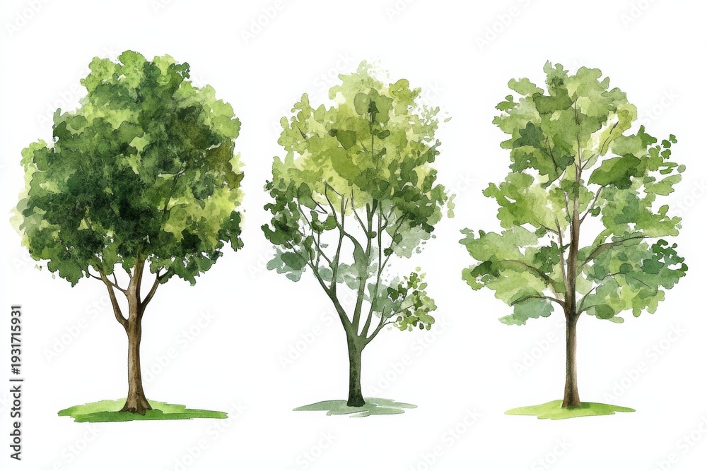 Obraz premium Watercolor green trees for landscape and architecture drawing in spring garden setting