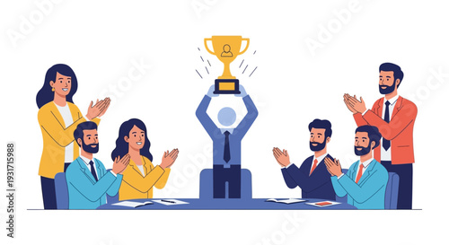 Illustration of a happy office team celebrating Employee Appreciation Day with a trophy in a USA office setting, conveying a joyful and successful mood with colorful characters.