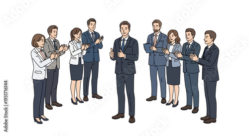 Illustration of a diverse happy office team standing in a group, celebrating Employee Appreciation Day with a sense of teamwork and recognition in a professional business setting in America.