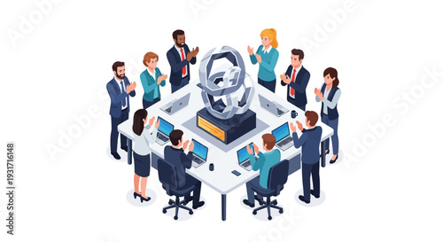 Illustration of a diverse office team celebrating Employee Appreciation Day around a meeting table with a large trophy in a modern workspace setting in America.