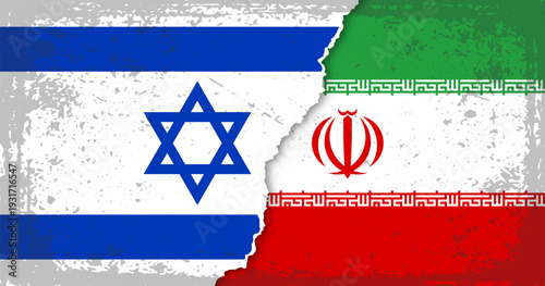 Iran and Israel flags torn apart vector illustration.