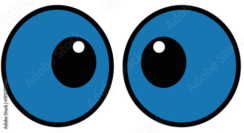 Cartoon-style illustration of two eyes with vibrant blue irises and contrasting black pupils