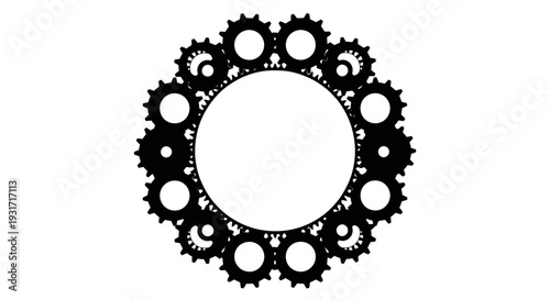 Circular arrangement of gears in black and white, suitable for various design projects