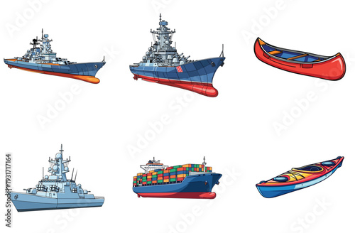 Set of powerful naval vessels includes imposing battleship, robust cruiser, modern frigate, large container ship, and two recreational watercraft: red canoe and vibrant kayak