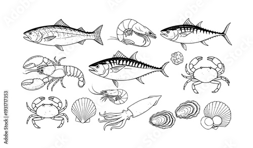 Fish and seafood silhouette vector collection with marine animals and shellfish isolated on white