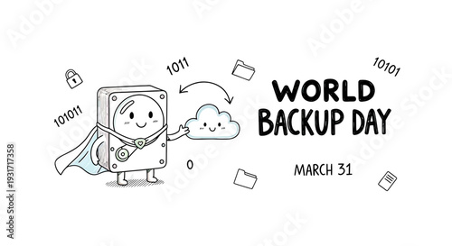 Cartoon Computer Character Backing Up Data.