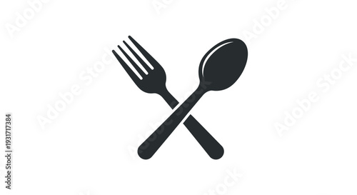 Crossed fork and spoon symbol on white background representing dining and eating concept