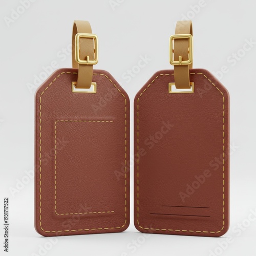 Two Brown Leather Luggage Tags with Golden Buckle on White Background