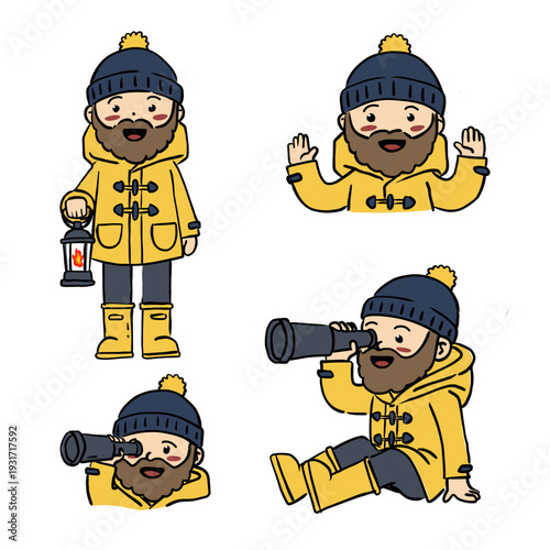Cute hand drawn vector set of a lighthouse keeper character in yellow raincoat and boots, holding lantern and telescope in playful poses