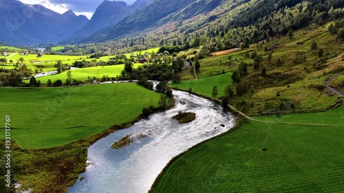 Pan Left following the River Oldeelva Olden Norway 