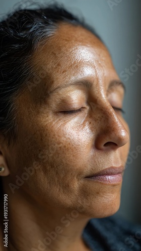 Closeup portrait of an older woman with eyes closed showing skin texture and sun damage