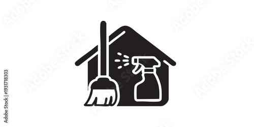 Minimal flat vector icon of cleaning service concept, simple solid black silhouette, clean monochrome design, isolated on white background.