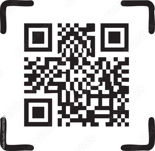 A black QR code on white background viewed straight, containing encoded information, technology, and modern data transfer symbol