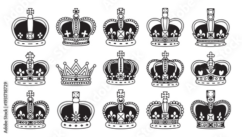 Historical crown collection with detailed royal ornaments and majestic heraldic symbols on white background