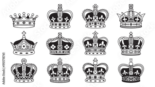 Set of twelve black and white crown icons isolated on a white background, collection of royal symbols