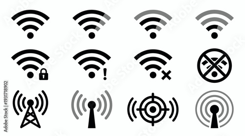 Collection of various wifi and wireless signal icons including tower and hotspot symbols on white background, concept for network interface, digital connectivity and mobile communication