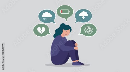 Sad corporate female executive sitting on floor with mental health symptoms icons in speech bubbles, concept for psychological support, burnout awareness and corporate wellness blog