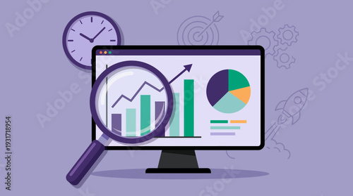 Flat vector illustration of a computer monitor displaying financial growth data charts and magnifying glass with productivity icons, concept for business analysis, marketing and auditing