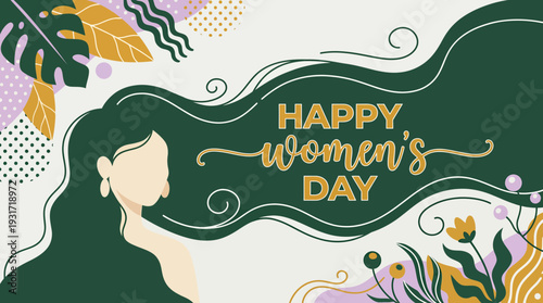 Abstract illustration of a professional woman leader with long flowing green hair and tropical floral elements, concept for holiday greeting, corporate awareness and social marketing