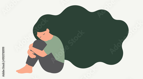 exhausted female office manager sitting on floor hugging knees with long hair in flat illustration style, concept for mental health awareness, workplace burnout and depression counseling