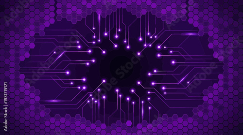 Abstract purple digital eye circuit board with glowing light nodes and hexagonal honeycomb patterns on a dark background, concept for cyber security, artificial intelligence and tech design