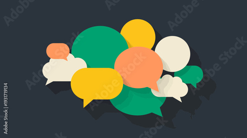 Vibrant group of colorful speech bubbles and rounded cloud icons on a minimalist dark background, concept for social media marketing, customer feedback survey and team brainstorming sessions