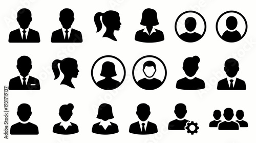 Collection of flat black silhouette avatar icons representing male and female professional business executives and office employees, concept for user profile, team management and hiring
