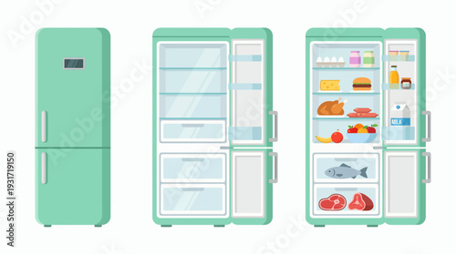 Mint green retro refrigerator set with closed door, empty interior and shelves full of groceries on white background, concept for appliance catalog, meal planning and storage organization