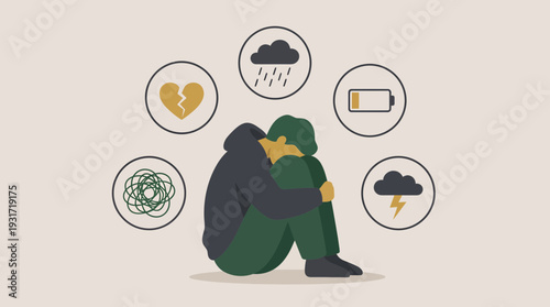 Distressed office manager sitting on floor surrounded by mental health icons like low battery and broken heart, concept for psychological support, burnout prevention and employee wellness