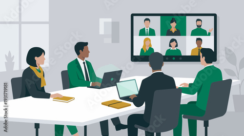 Professional business executives sitting at boardroom table with laptops during hybrid video call with remote partners, concept for corporate meeting, teamwork and digital connectivity