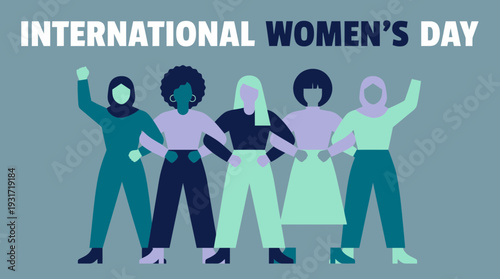 Diverse female executives and professional workers standing together with international women's day text, concept for corporate inclusion, gender equality and empowerment awareness campaign