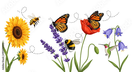 Vibrant garden scene with flowers butterflies and insects