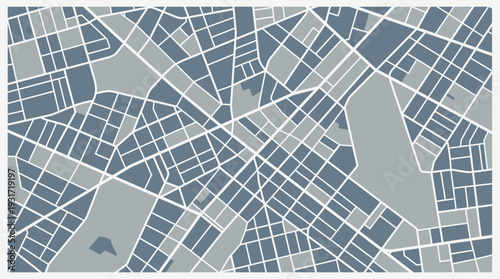 Top view of flat abstract city map with grey and blue geometric urban street blocks, concept for navigation software, urban development planning and travel guide background