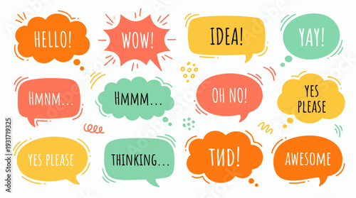 Colorful hand drawn speech bubbles and thought clouds with expressive text and doodles on white background, concept for social media posts, creative storytelling and visual communication