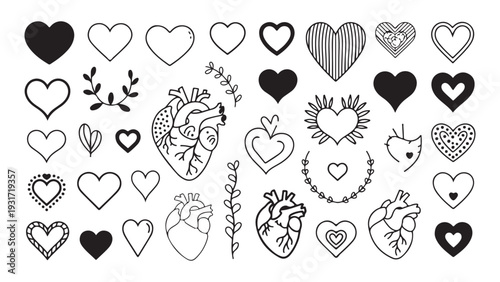 Extensive collection of hand-drawn heart shapes, anatomical hearts, and botanical elements