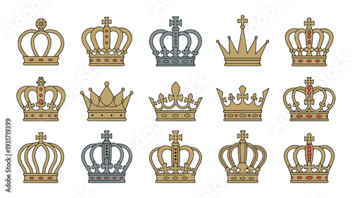 Set of gold and silver crowns. collection of royal crown icons. king and queen crowns