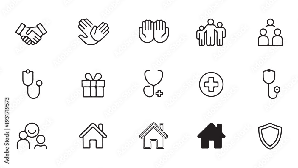 Fototapeta premium Healthcare and community icons handshake hands gift stethoscope cross house shield people caring sharing