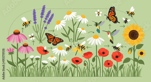 Pollinator garden ecosystem with flowers and insects