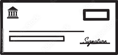 A bank check template with a building icon and signature field is displayed on a white document