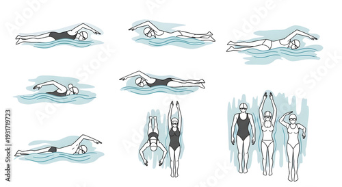CAD People Swimming Top View Vector Set – Men and Women Pool Symbols for Architecture and Landscape Plans