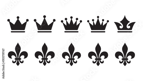 Collection of simple black crown and fleur de lis icons, royal heraldic symbols