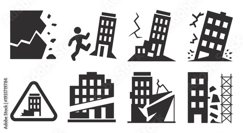 Earthquake Damage Building Icons Set Pictogram Featuring Collapsed Buildings