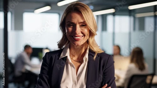 Confident Businesswoman Posing in Modern Office Environment.